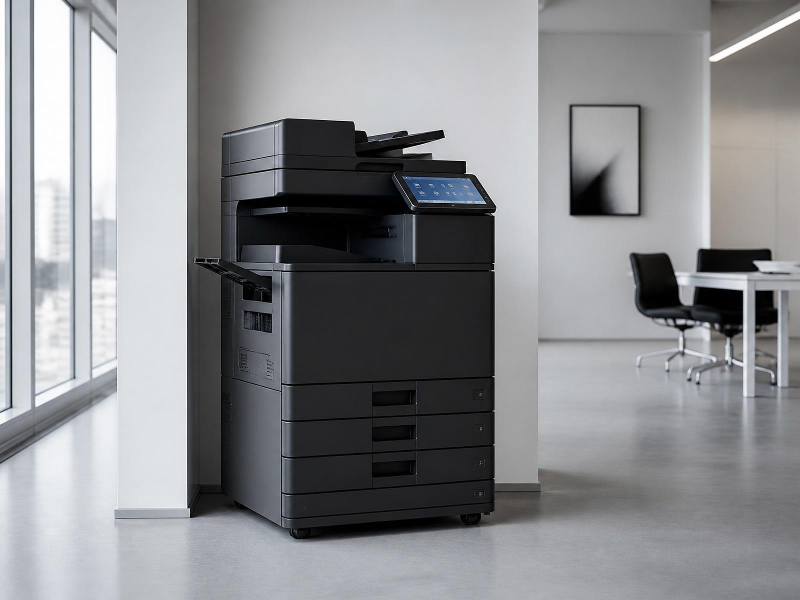 Impresora multifuncional Konica Minolta instalada en una oficina corporativa moderna